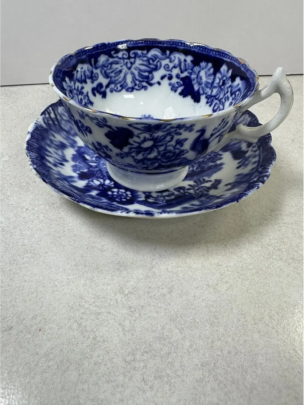 VTG Blue Willow Flow Blue Peacock Teacup & Saucer Gold Trim Set